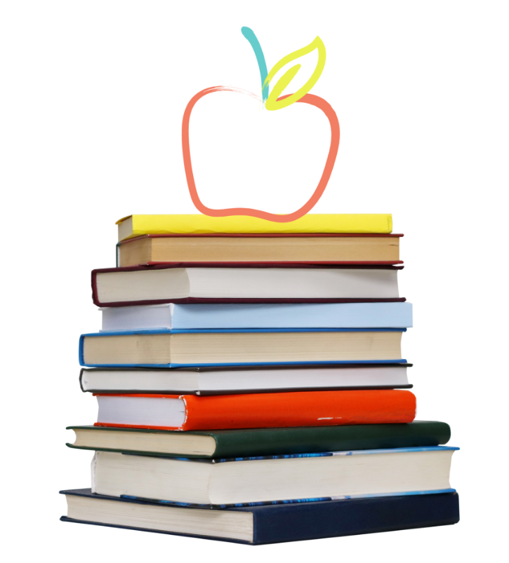 Stack of schoolbooks with illustrated apple on top